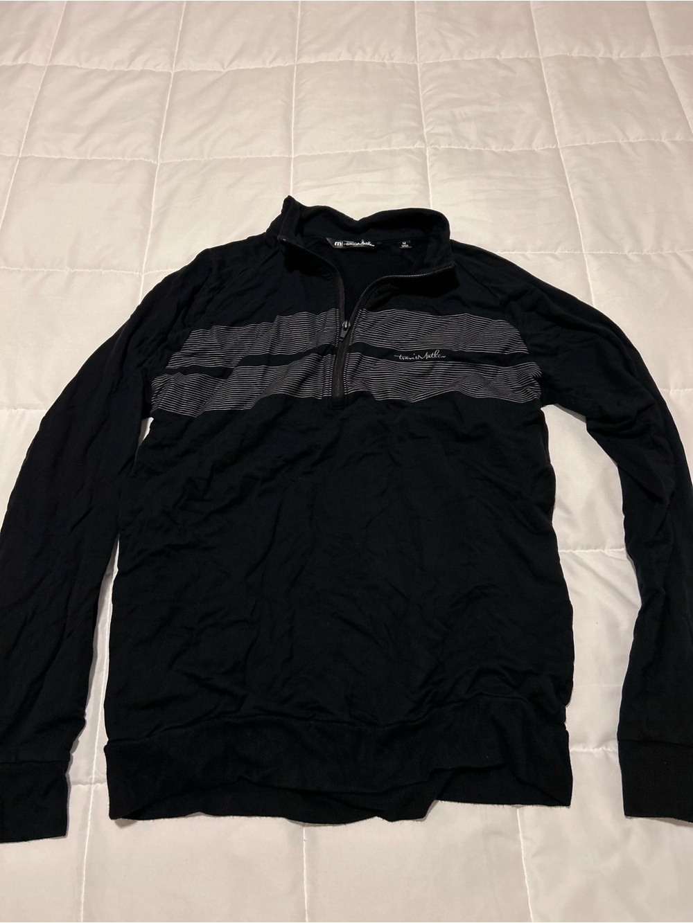 Travis Mathew Black Quarter-Zip Sweater with Gray Stripes